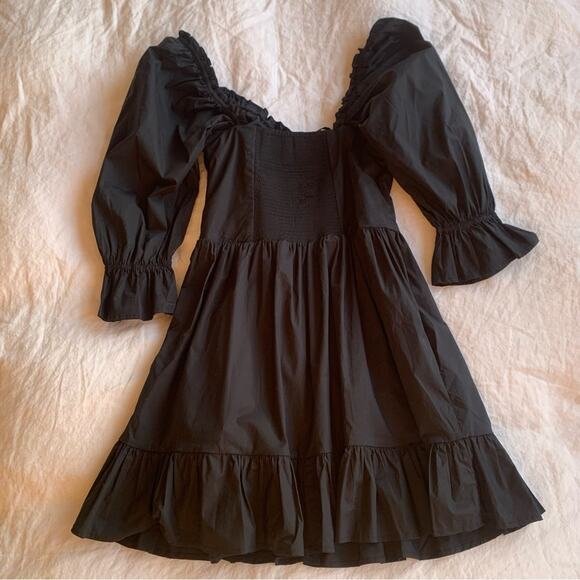 Hill House Samantha Cotton Long 3/4 Sleeve V Neck Ruffle A Line Mini Dress Black - Picture 9 of 11